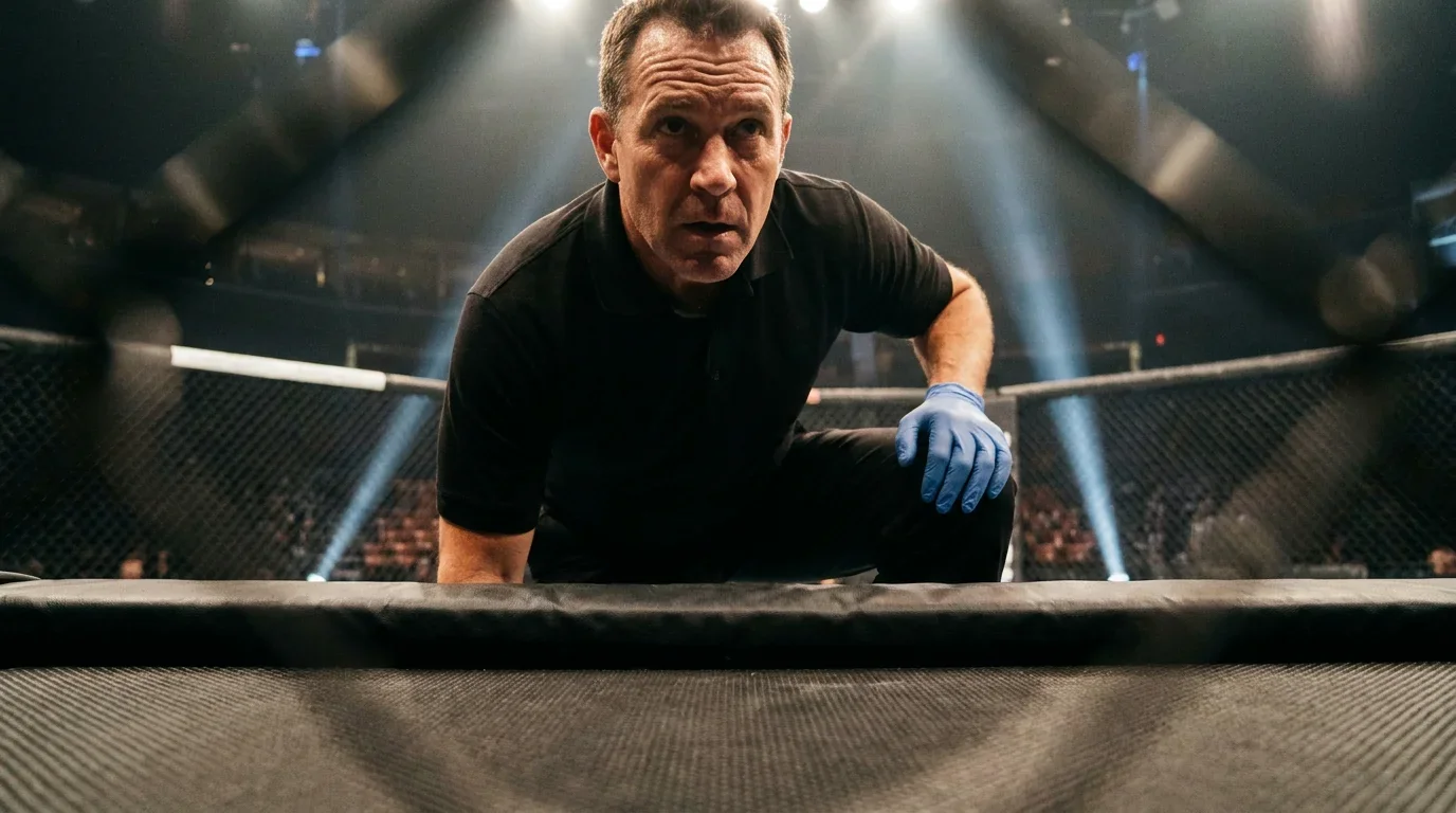 Kampfrichter im MMA-Oktagon beobachtet zwei Kämpfer konzentriert — Sinnbild für Integritätskontrolle im Kampfsport