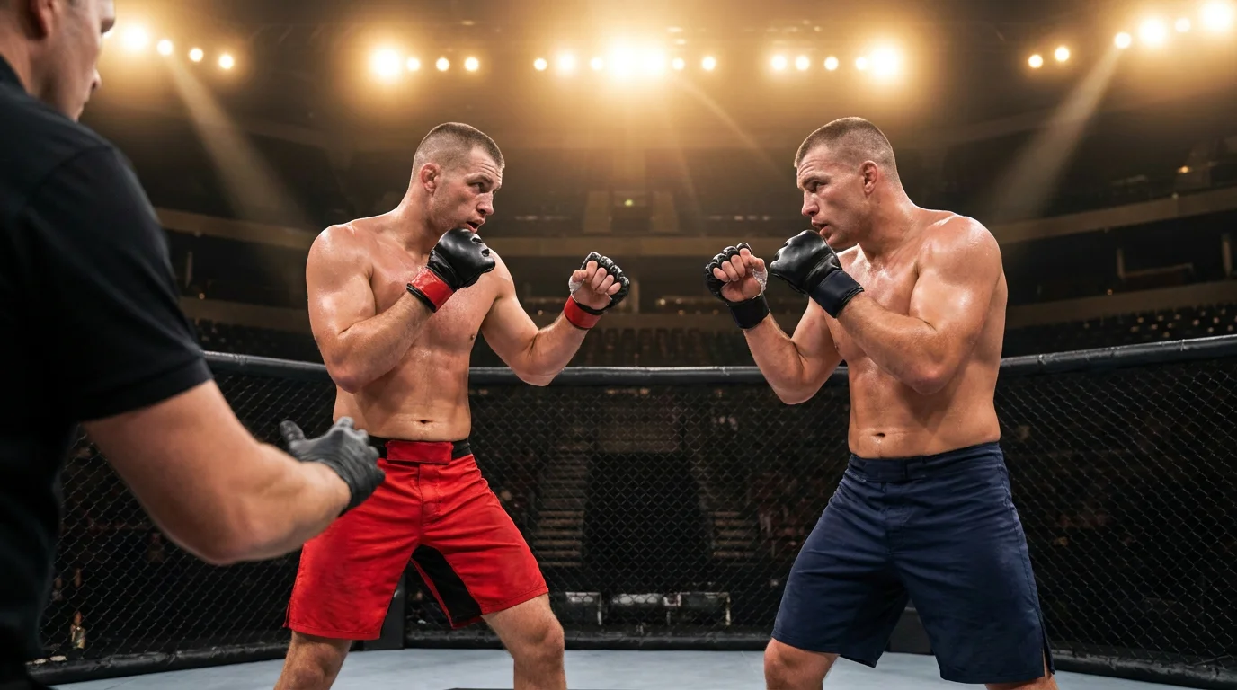 UFC-Oktagon aus der Ringecke mit Kampfrichter und zwei Kämpfern in MMA-Handschuhen